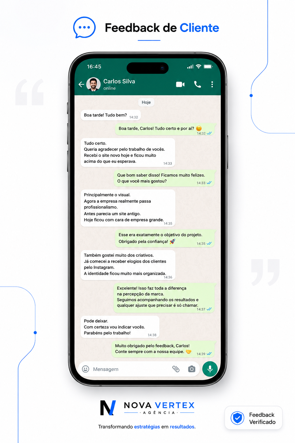 Feedback real de cliente da NovaVertex em conversa no WhatsApp