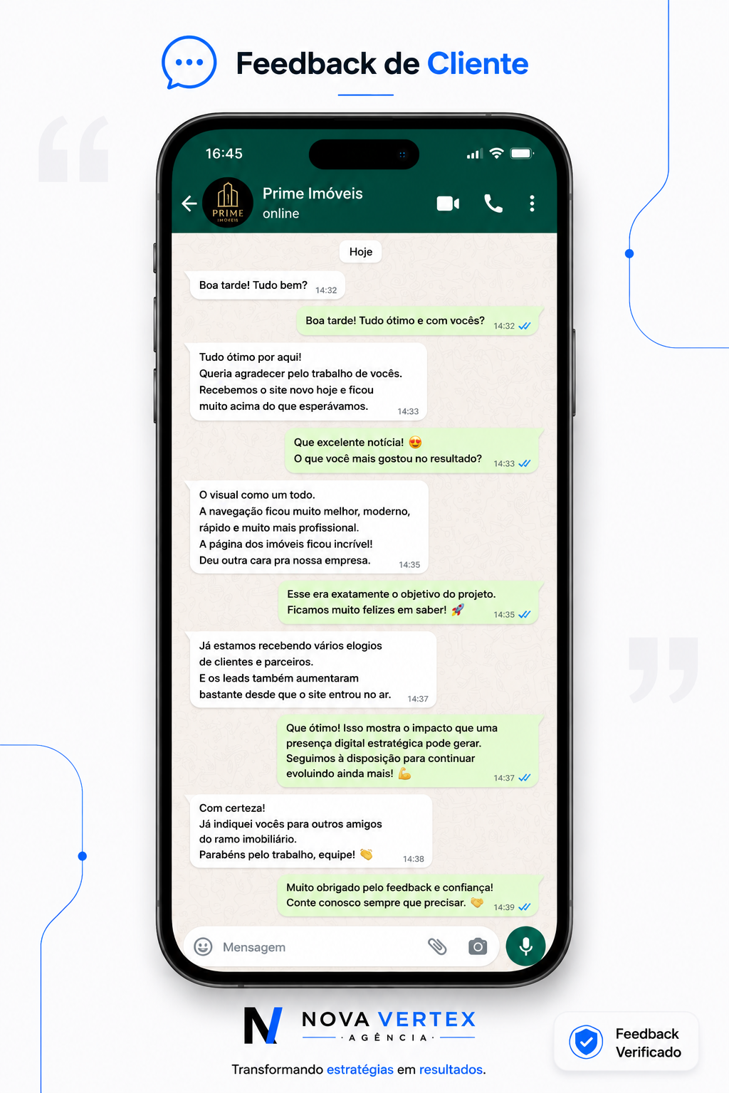 Feedback real de cliente da NovaVertex em conversa no WhatsApp