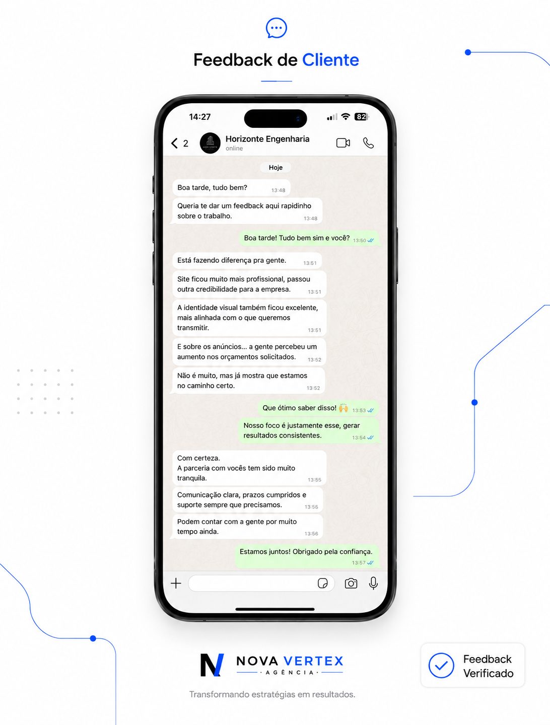 Feedback real de cliente da NovaVertex em conversa no WhatsApp